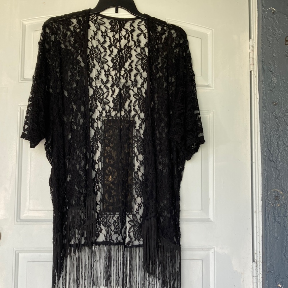 Black lace cover up for different occasions; open fringe at bottom size XL